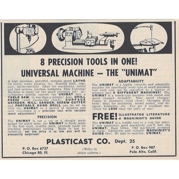 Plasticast Co Universal Machine Vintage Print Ad Original 1954 u Palo Alto Ca - Picture 1 of 1